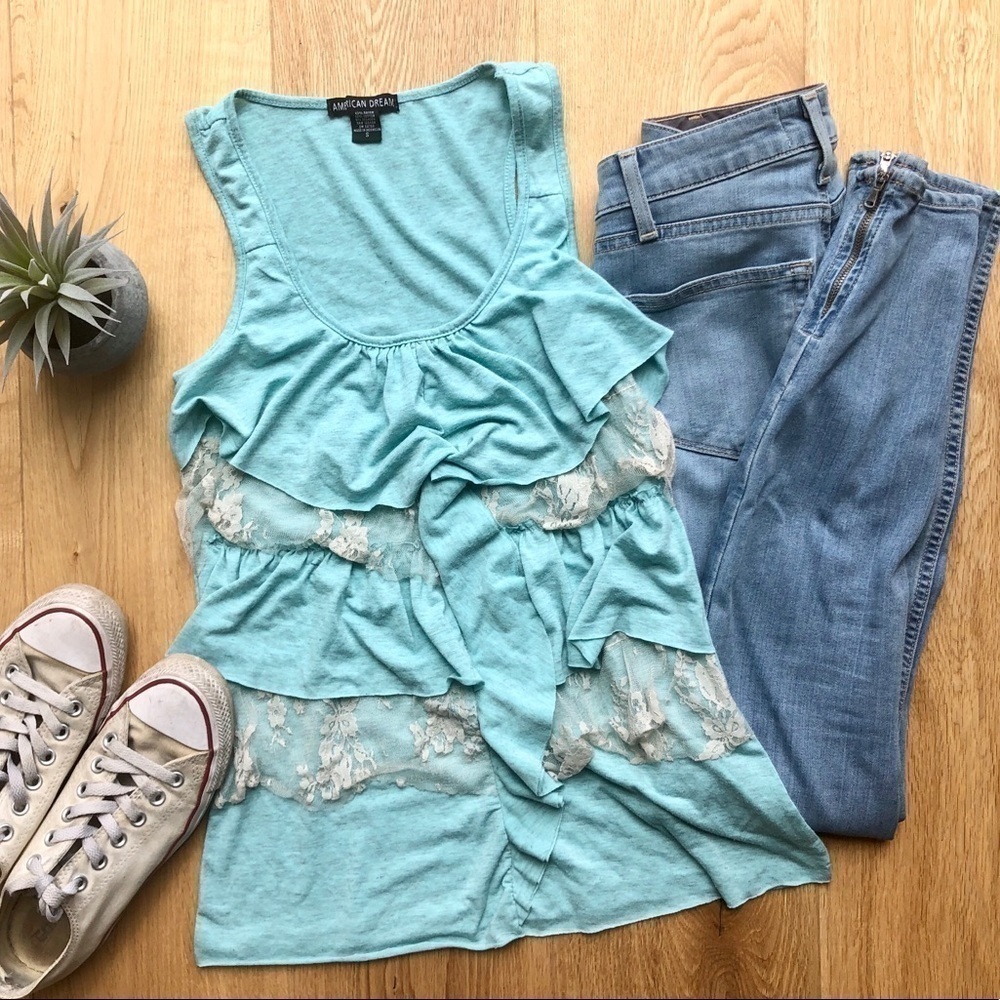 TURQUOISE WITH CREAM RUFFLE LACE Y2K SLEEVELESS TANK TOP - S